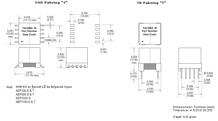 Pakning og Dimensioner - EP13 Type ADSL Transformere